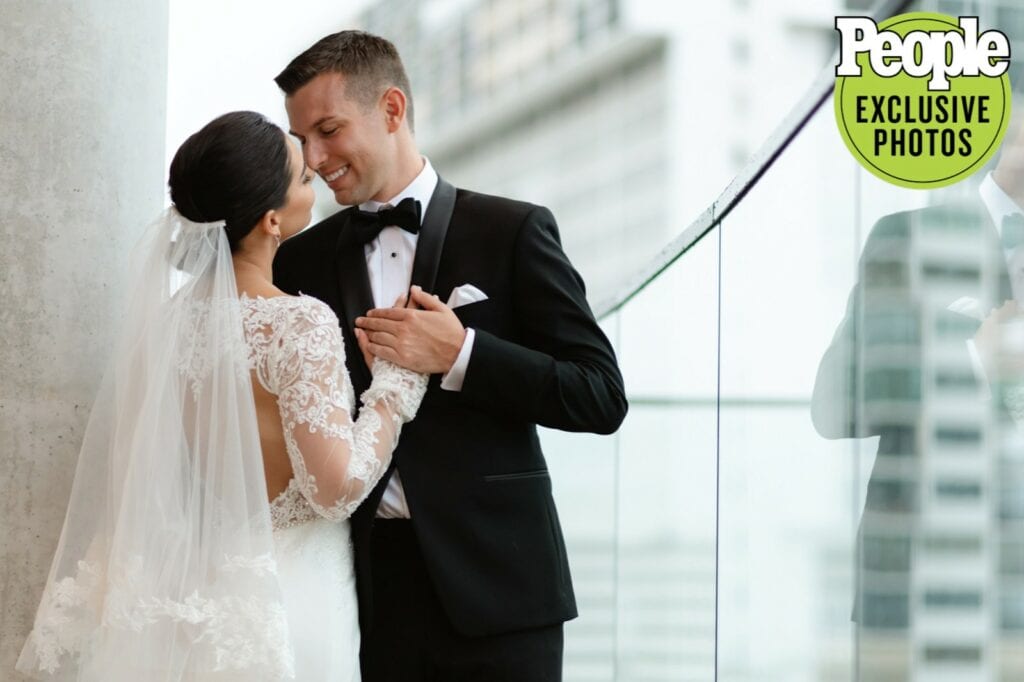 Elegant couple sharing a moment in the city.